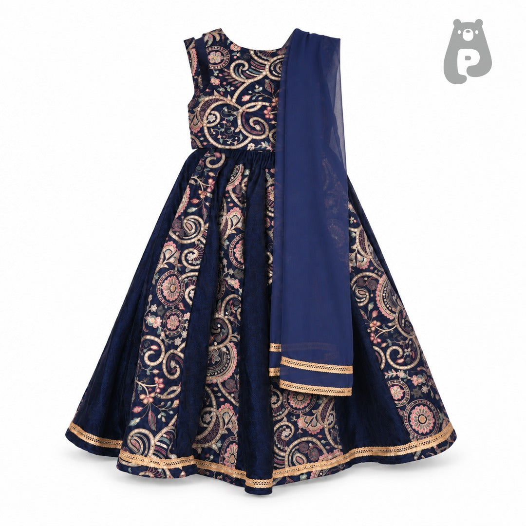 Blue Floral Embroidered Velvet Ghagra Choli for Girls
