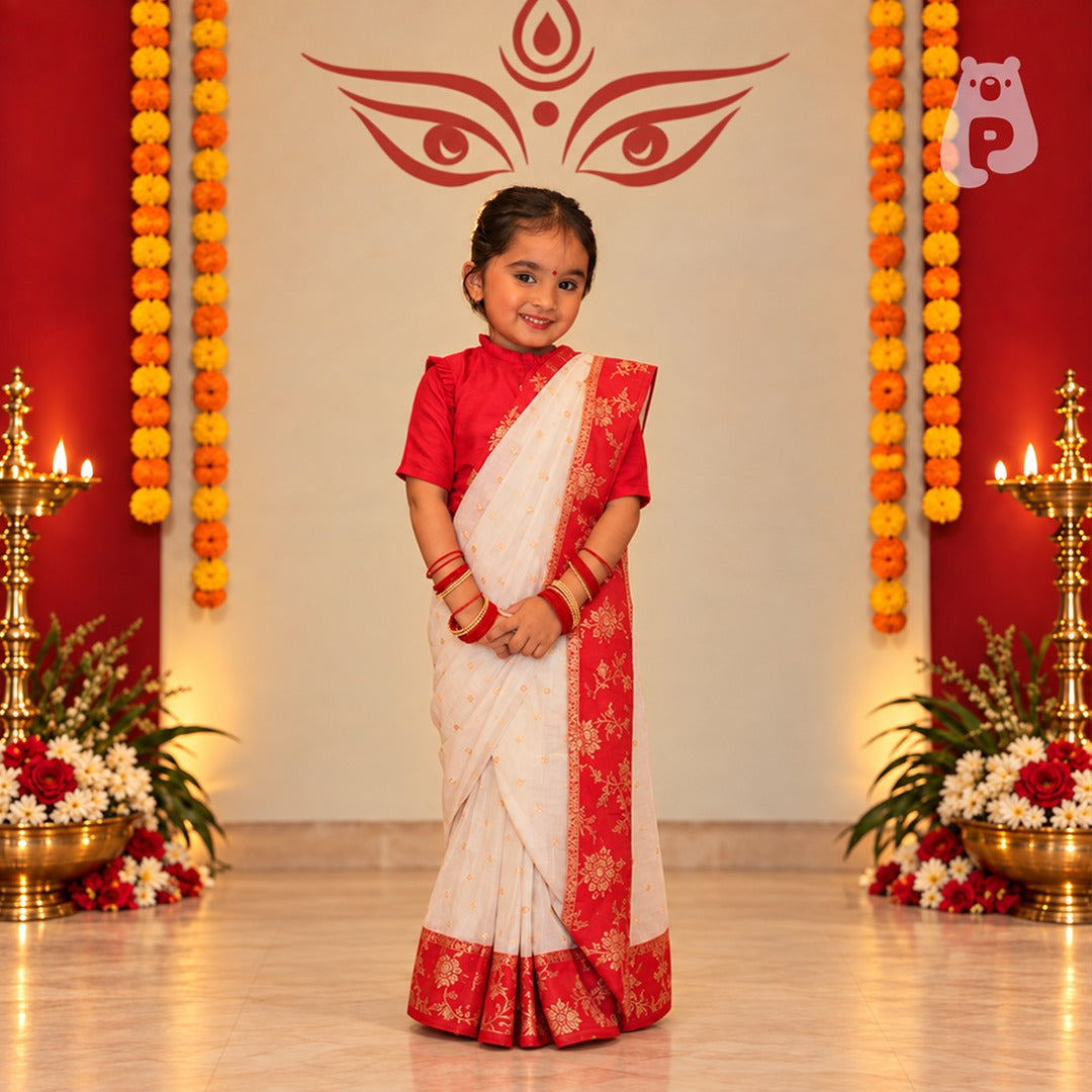 White Chanderi Saree With Red Blouse