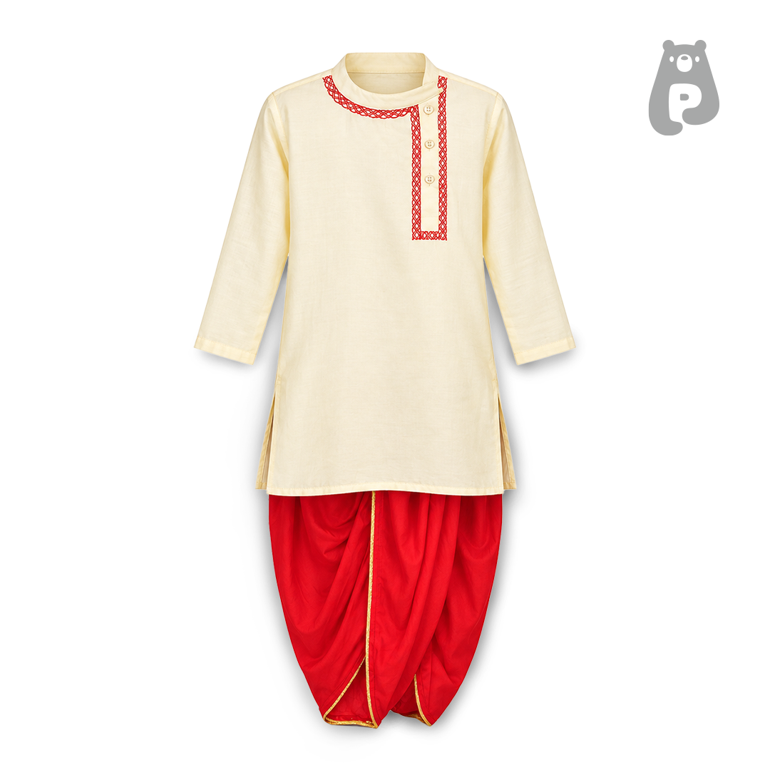 White Cotton Silk Kurta with Red Dhoti for Boys