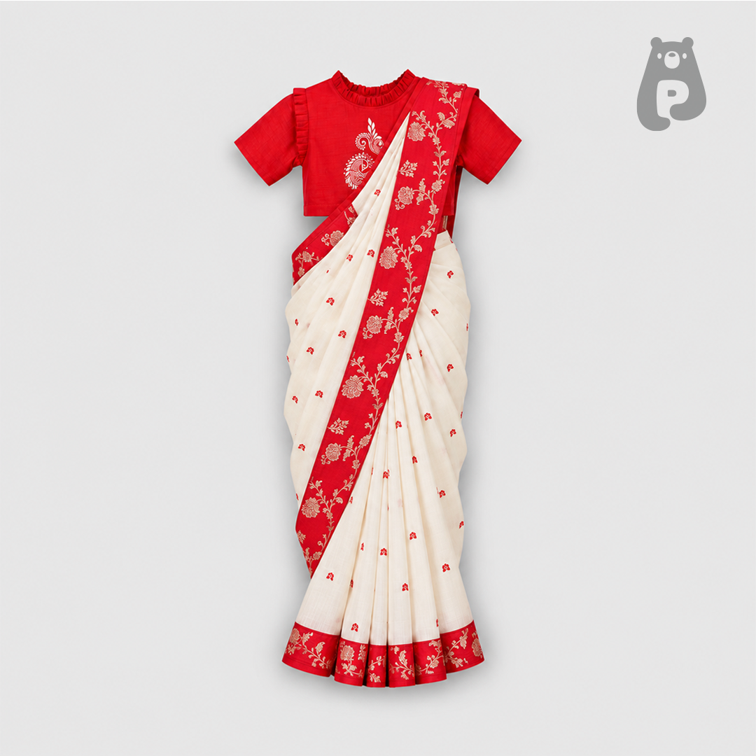 White and red Bengali saree with matching blouse for girls