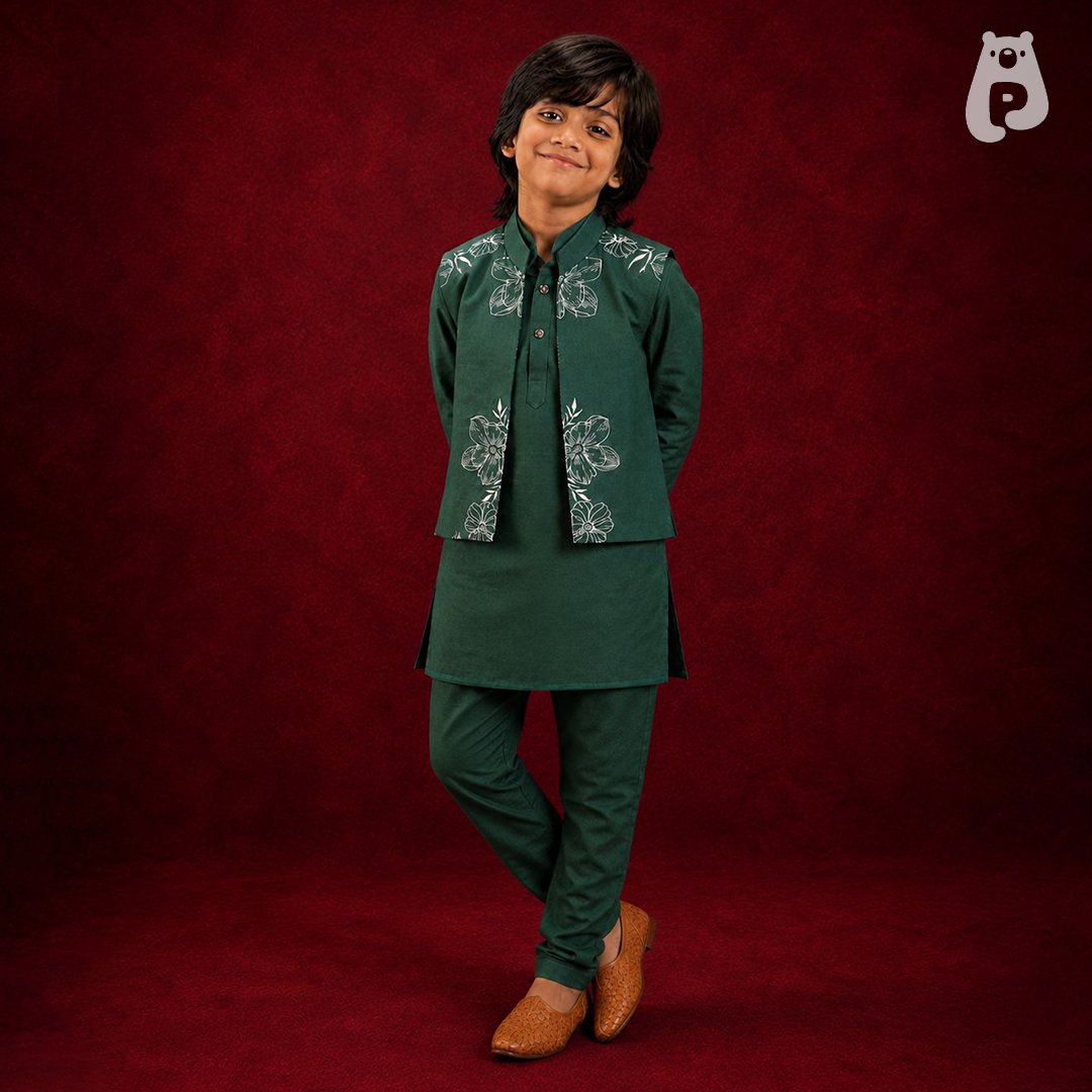 Willow Green - Bottle Green Kurta Set with Floral Nehru Jacket