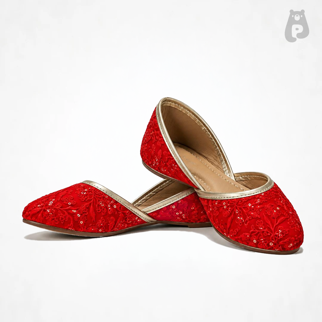 Girls red zari embroidered floral jutti with threadwork and sequin detailing