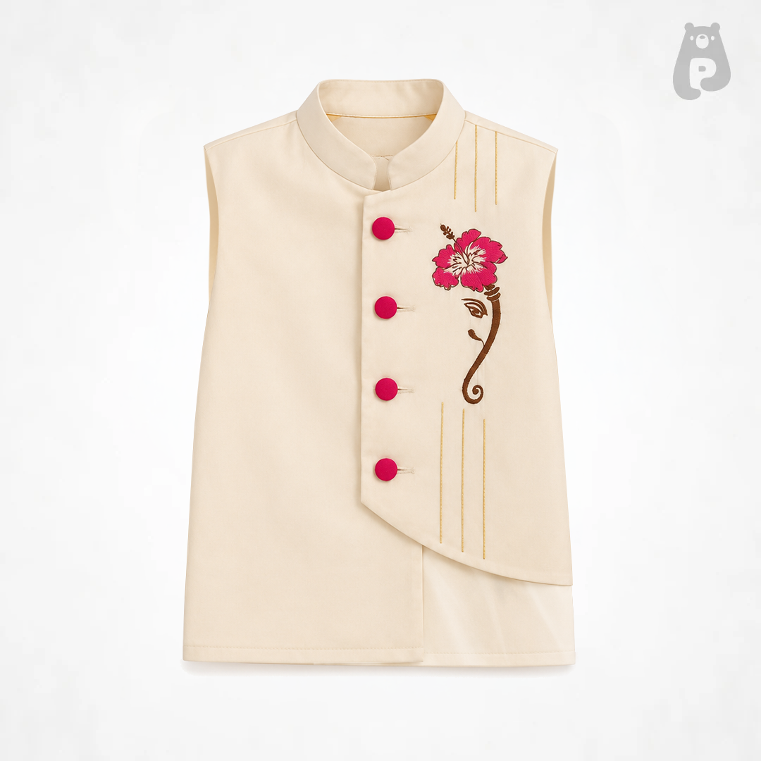 Boys Off-White Ganesh Embroidered Kurta Jacket Set