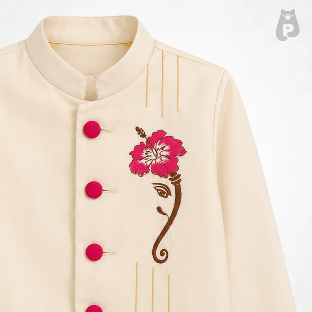 Boys Off-White Ganesh Embroidered Kurta Jacket Set