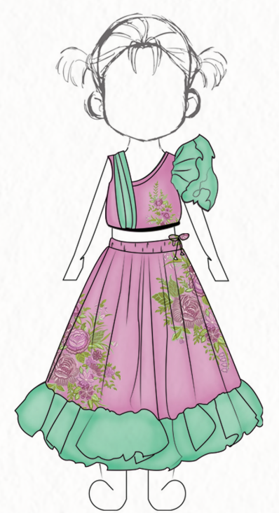 Pink Chanderi Silk One-Shoulder Blouse with Floral Skirt – Girls’ Festive Ensemble