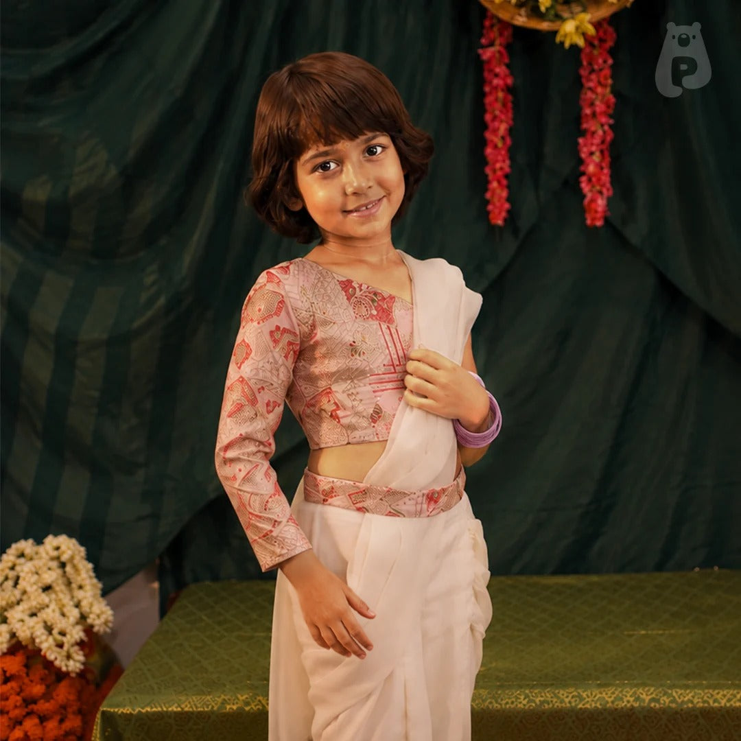 Pleated Fairy - Ivory Draped Lehenga Set for Girls