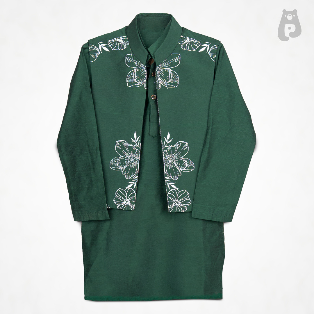 Emerald green embroidered kurta waistcoat set for boys by Pixiepie
