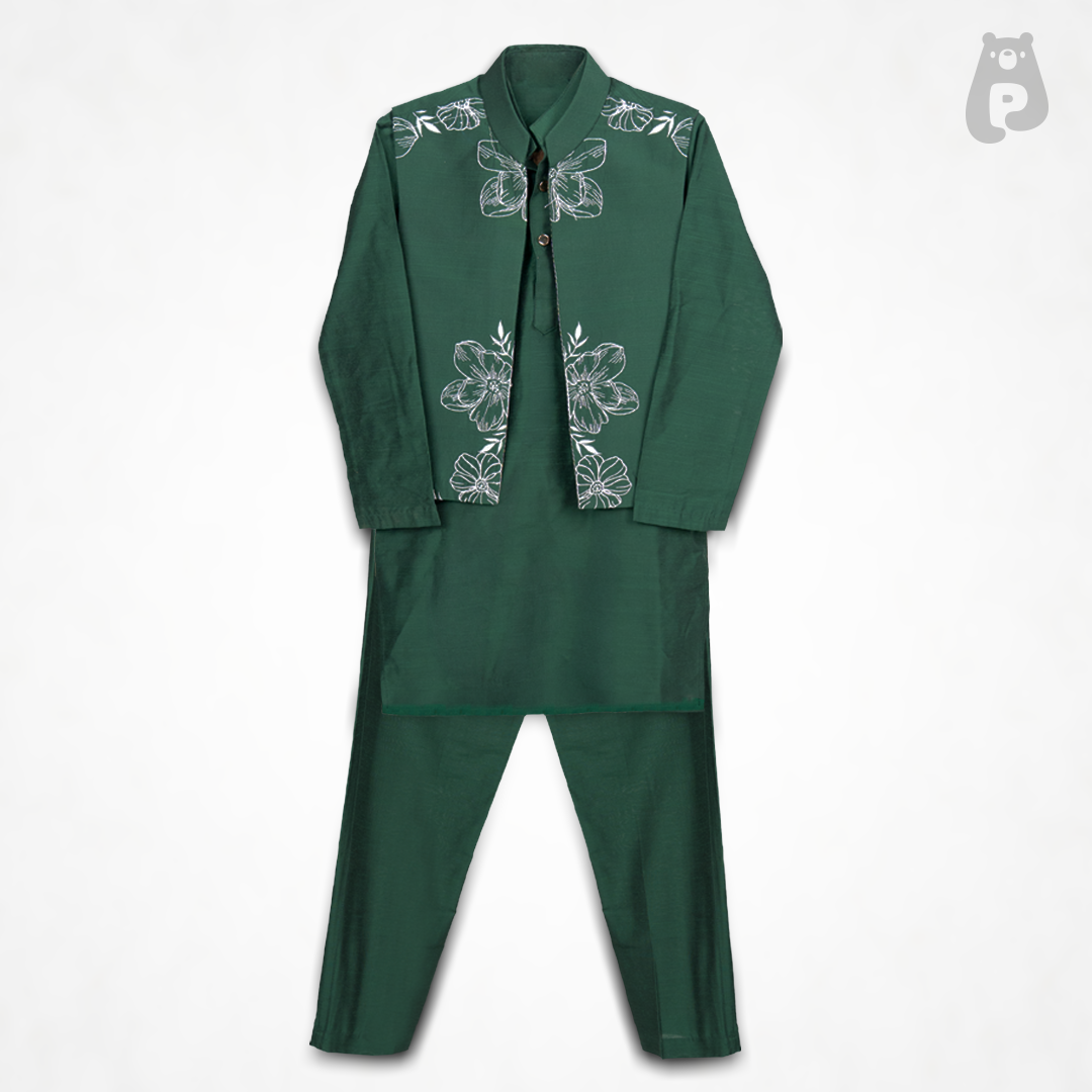 Boy wearing emerald green embroidered waistcoat with matching kurta and pants by Pixiepie