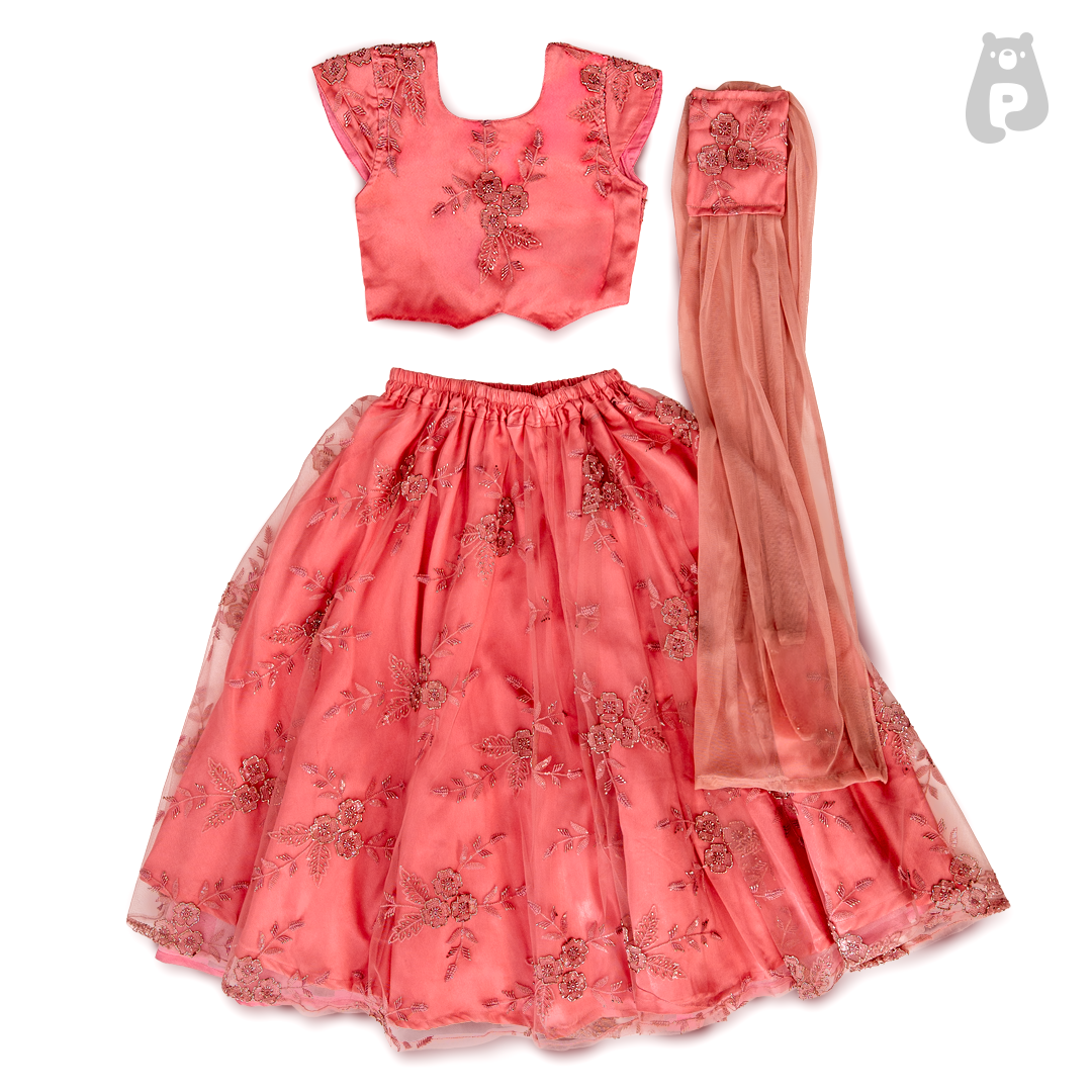 Pink Floral - Mauve Embroidered Lehenga Choli Set for Girls