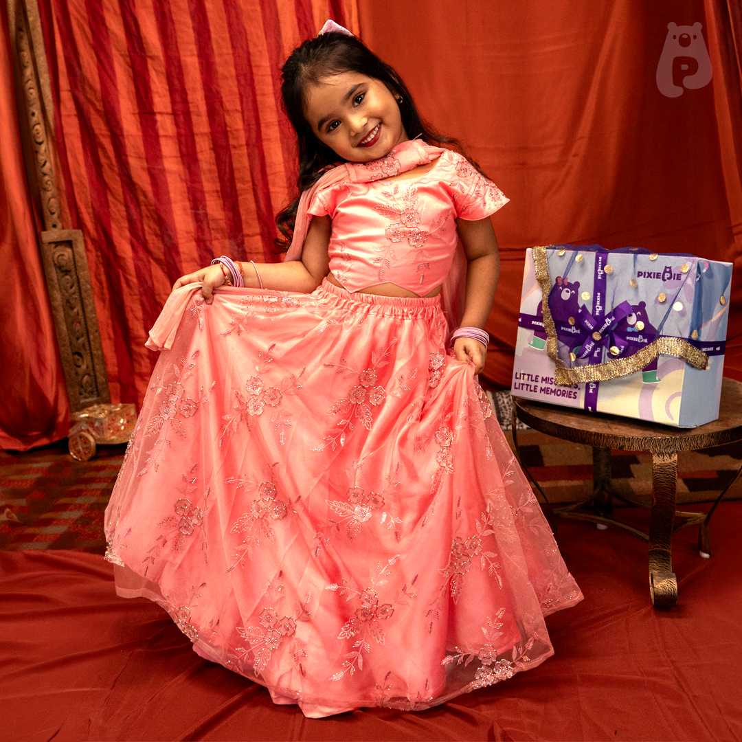 Pink Floral - Mauve Embroidered Lehenga Choli Set for Girls