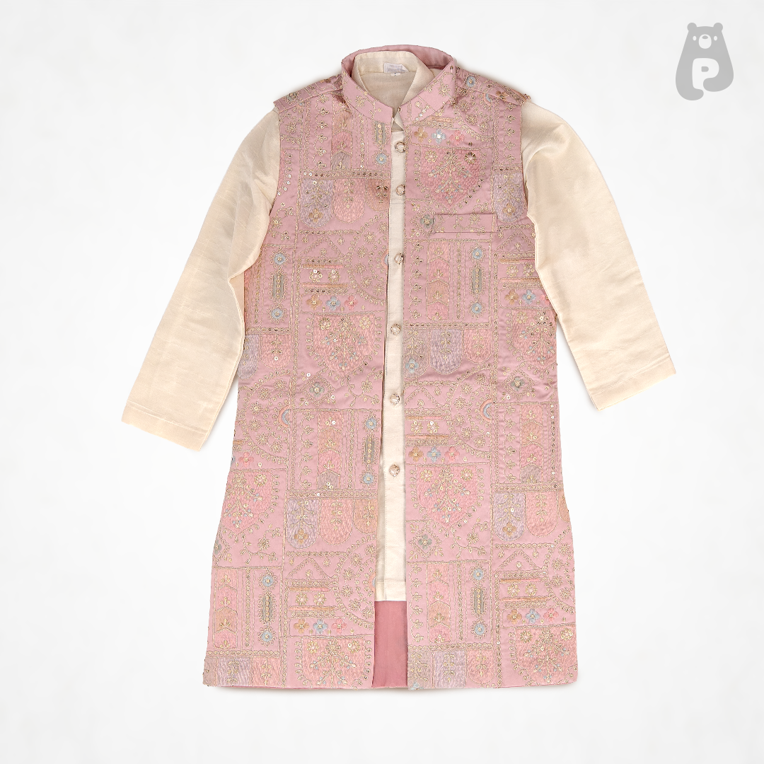 Traditional boys blush pink embroidered long waistcoat kurta set for festive wear
