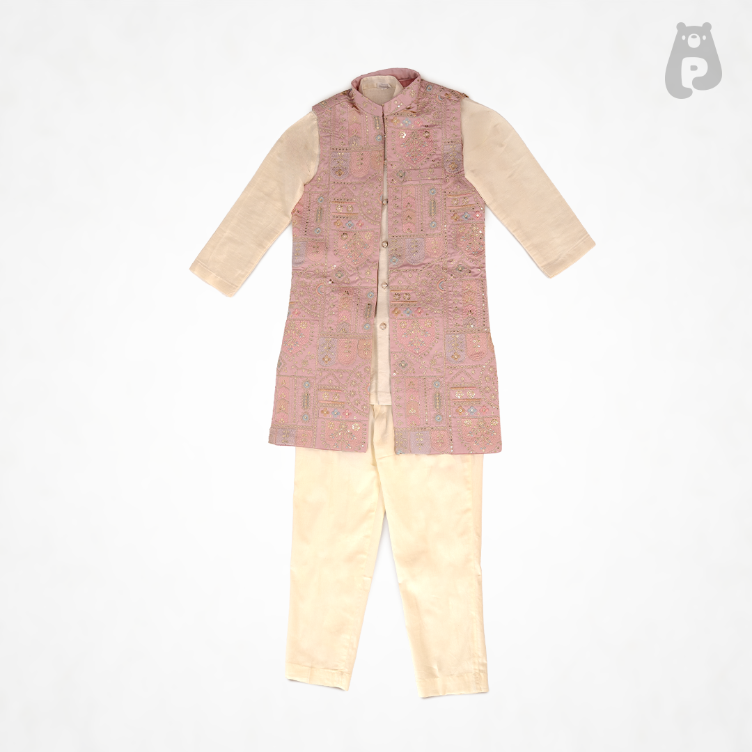 Boys blush pink embroidered kurta pajama set with long waistcoat for Raksha Bandhan