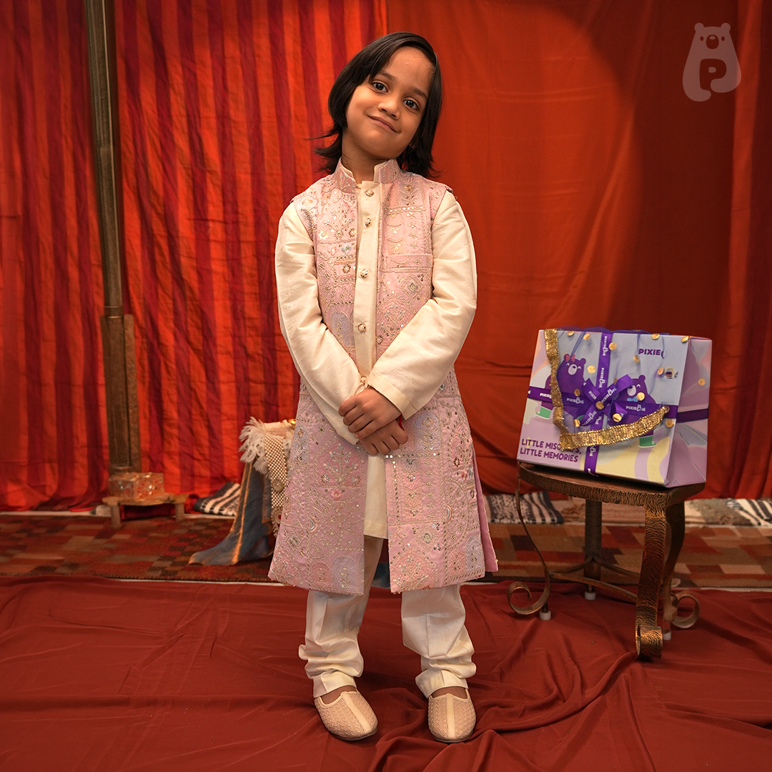 Pink Embroidered Long Waistcoat Kurta Set for Boys