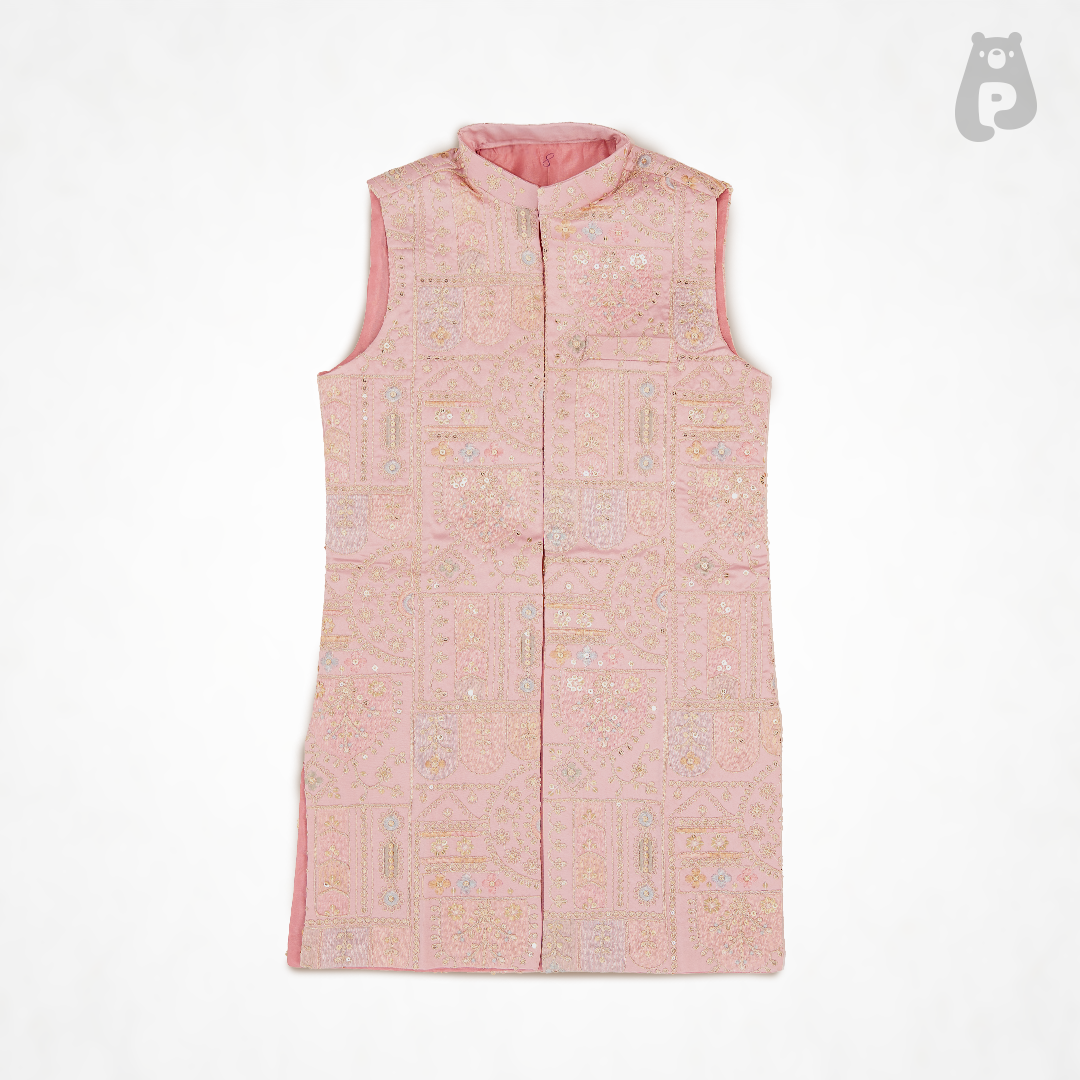 Premium boys ethnic wear featuring blush pink embroidered waistcoat and ivory kurta